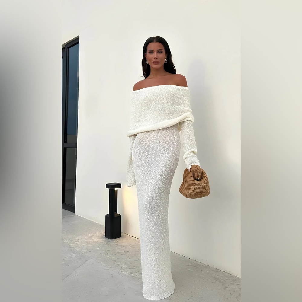 NWT. Meshki Off Shoulder Boucle Maxi Dress - Ivory. Size M.